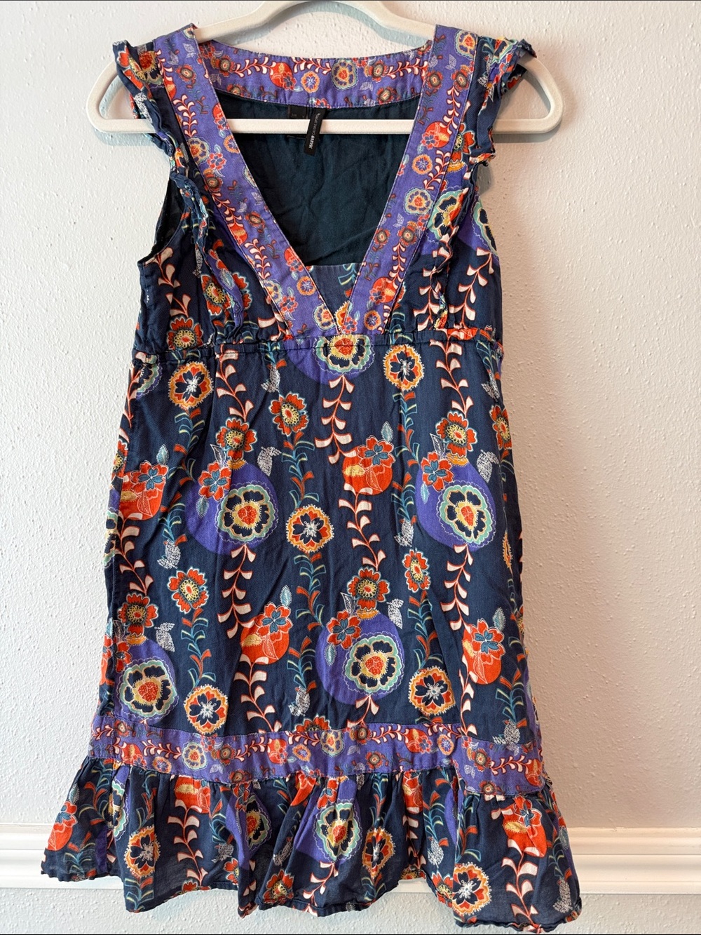 Mango Navy Floral V-Neck Mini Dress with Orange and Purple Flowers